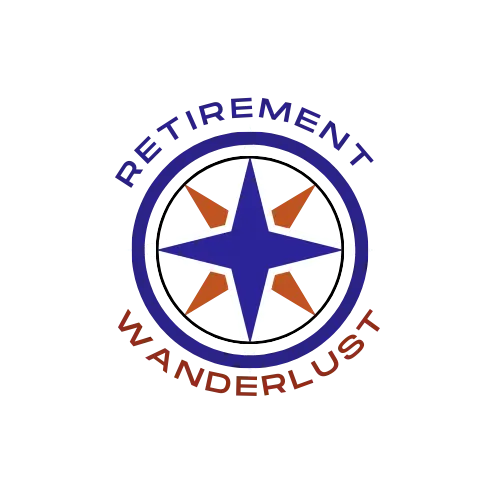 Retirement Wanderlust logo featuring a blue and orange compass design with the words 'Retirement' in blue and 'Wanderlust' in orange encircling the compass, symbolizing adventure and exploration in retirement.