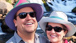Illustrated portrait of a smiling couple, Phil and Dee, wearing hats and sunglasses, standing in front of a scenic waterfall with flowing water and rocks in the background.